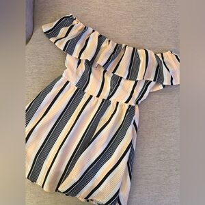 Striped Off-Shoulder Ruffle Dress - Yellow, Black & White